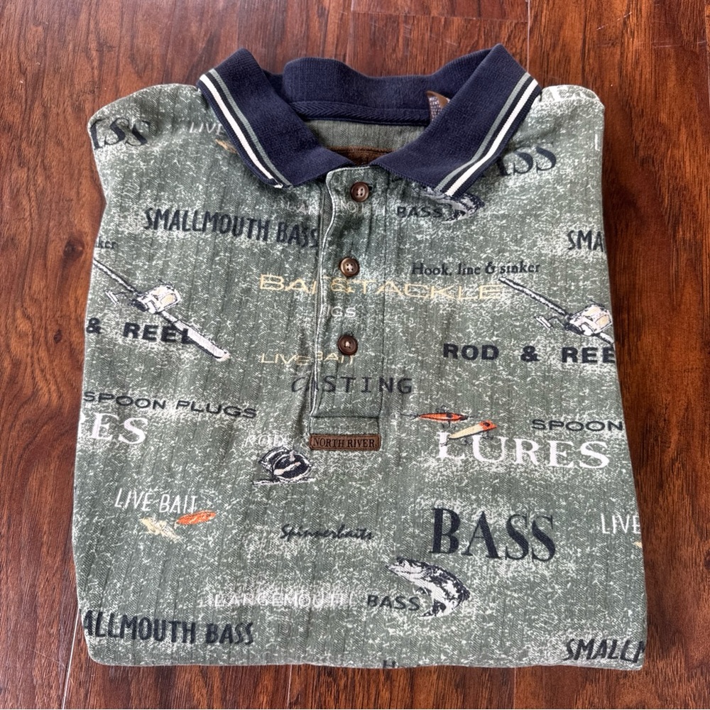 Vtg North River Shirt Mens Large Polo Shirt Fishing Bass Lures Rod